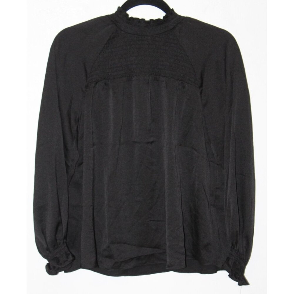 Nanette Lepore Womens Black Smocked Long Sleeve High Neck Blouse M NWT
